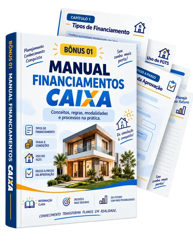 Mockup em livro do bônus 01: Manual Completo de Financiamentos Caixa 2026