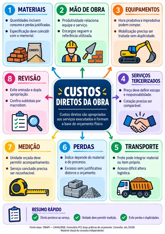 Mapa mental: Custos Diretos da Obra